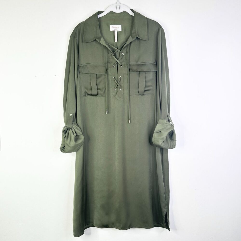 Laundry Shelli Segal Dress Women L Olive Green Lace Up Roll Tab Sleeves NWOT